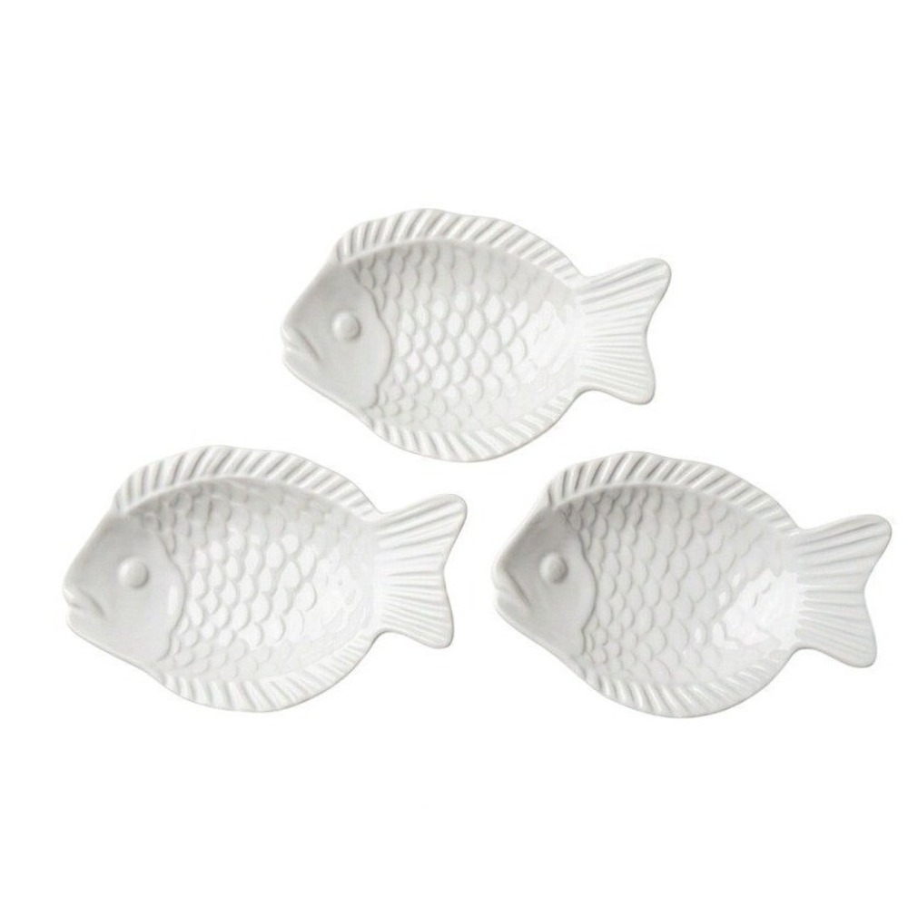 Set of 3 White Ceramic Fish-Shaped Dipping Sauce Bowls & Dishes Nautical‎ Decor